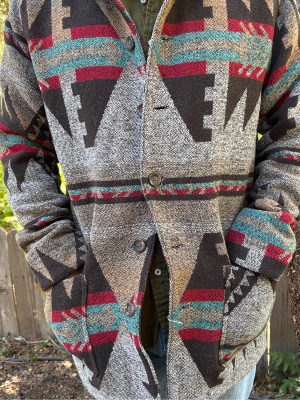 Men's Aztec Pattern Button-Front Cardigan Sweater in Gray, Teal & Red